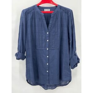 Navy Blue Cotton Crochet Lace Trim Roll Tab Sleeve Blouse XL Cottagecore